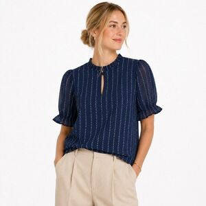 NWT J.Crew Blouse Top Printed Ruffleneck Dotted Stripe Ruffle Blue Medium